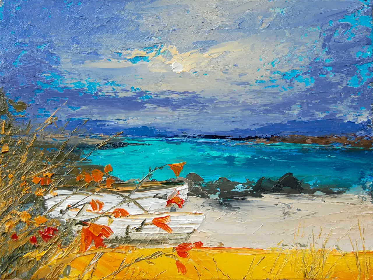 Colin Carruthers - upturned canoe and boats, iona